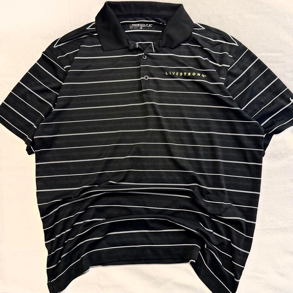 early 2010s nike golf livestrong dri-fit black/white striped active polo